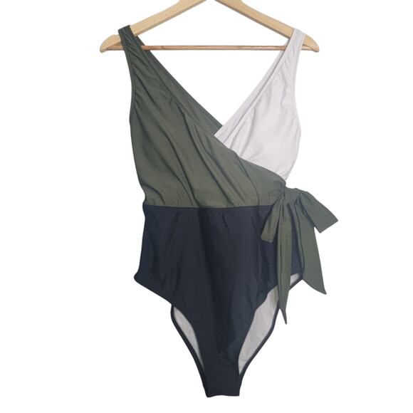 NWT Cupshe Olive Swimsuit Colorblock Tri Color Faux Wrap One Piece Large Vneck - Picture 10 of 10